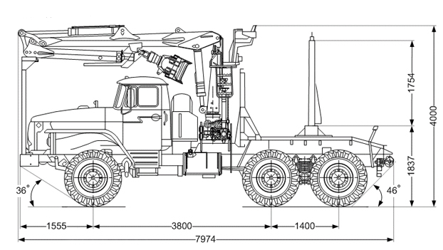 чертеж-эскиз Лесовозный тягач на шасси  Урал  55571-1112-72Е5 с гидроманипулятором VM10L 